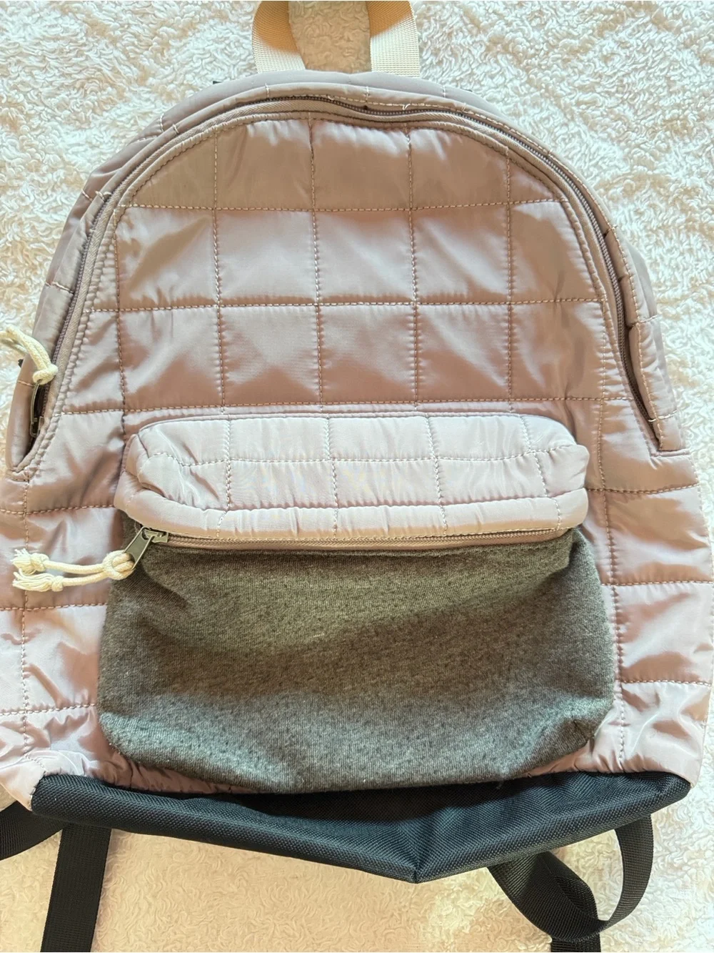 Quilted Light Taupe Backpack with Gray Front Pocket